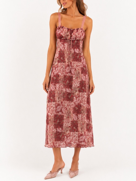 arama Dresses & Skirts - Vintage ARAMA Pink Floral Patchwork Slip Dress Lace Strap Cottagecore Size Small